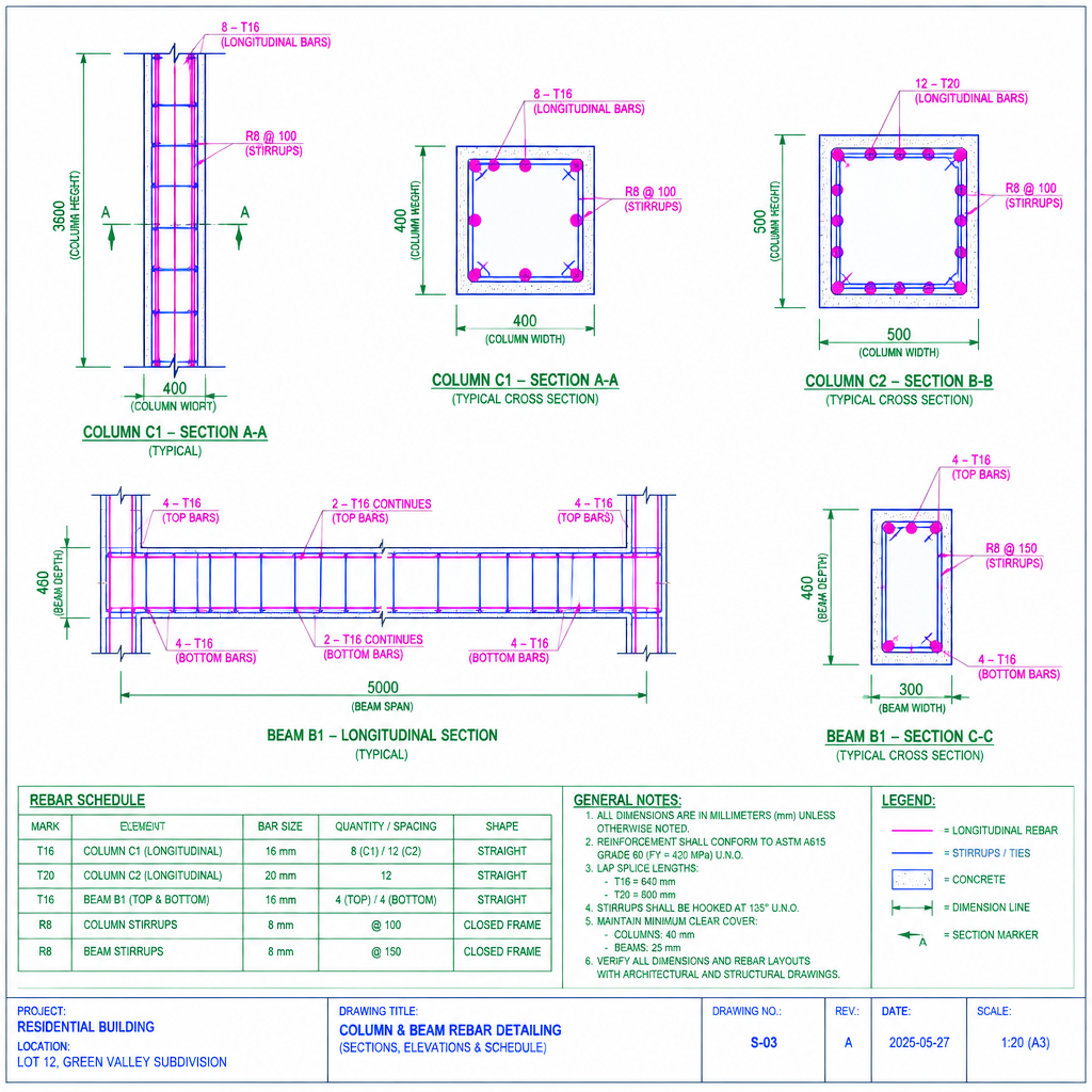 2D rebar detailing drawing with column and beam reinforcement sections